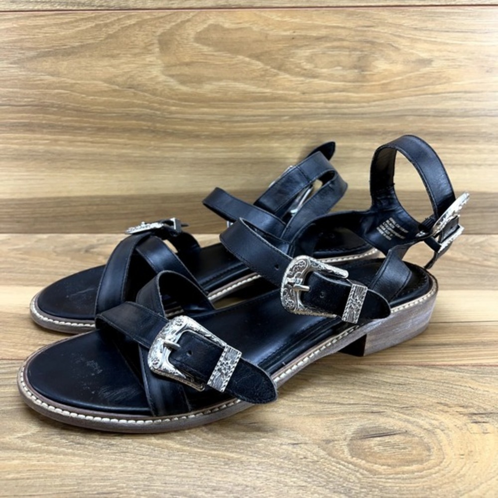 Crevo Womens 10 Opal Boho Western Silver Buckles Ankle Strap Black‎ Leather
